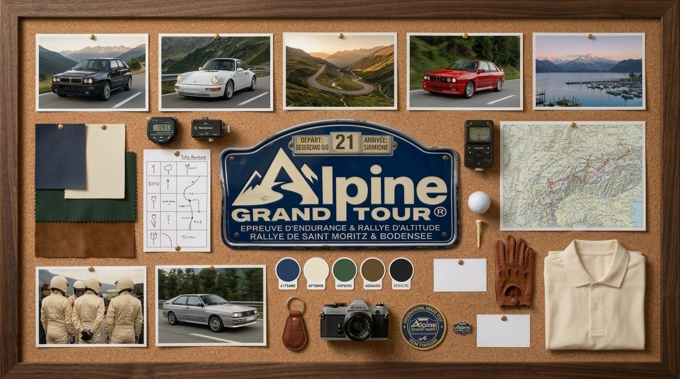Il mondo Alpine Grand Tour: youngtimer sulle strade alpine, cronometro, roadbook, mappa, guanti da guida, golf e materiali